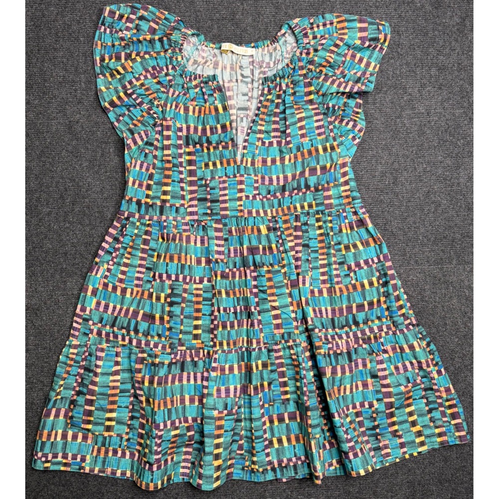 Marie Oliver Kara Mini Dress Cayman Check Turquoise‎ Short Sleeve Women's S
